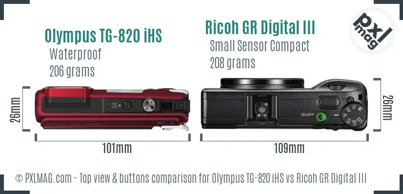 Olympus TG-820 iHS vs Ricoh GR Digital III top view buttons comparison
