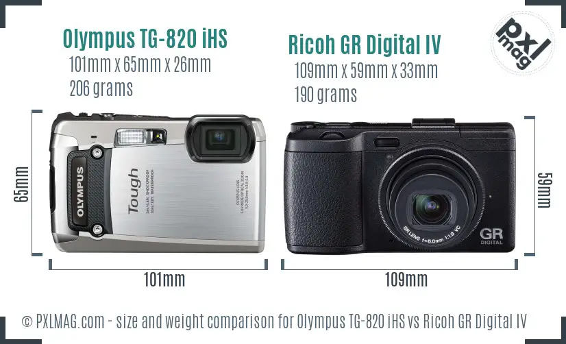 Olympus TG-820 iHS vs Ricoh GR Digital IV size comparison