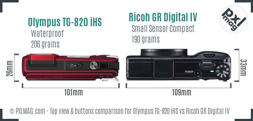 Olympus TG-820 iHS vs Ricoh GR Digital IV top view buttons comparison