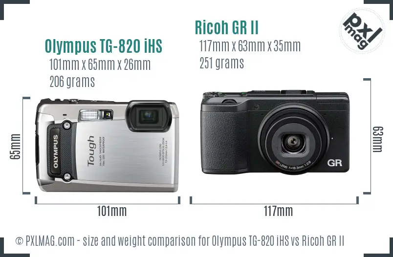 Olympus TG-820 iHS vs Ricoh GR II size comparison