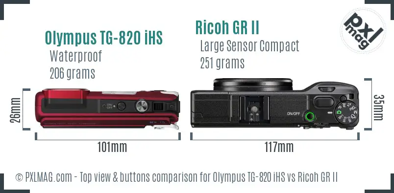 Olympus TG-820 iHS vs Ricoh GR II top view buttons comparison