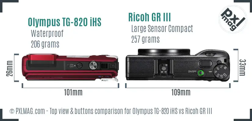 Olympus TG-820 iHS vs Ricoh GR III top view buttons comparison Olympus TG-820 iHS vs Ricoh GR III top view buttons comparison