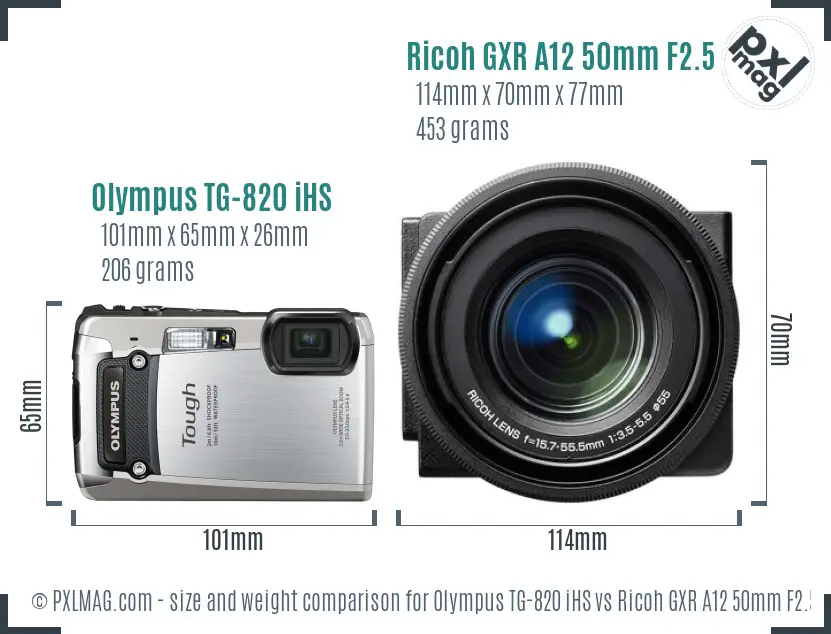 Olympus TG-820 iHS vs Ricoh GXR A12 50mm F2.5 Macro size comparison