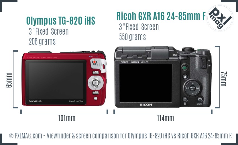 Olympus TG-820 iHS vs Ricoh GXR A16 24-85mm F3.5-5.5 Screen and Viewfinder comparison