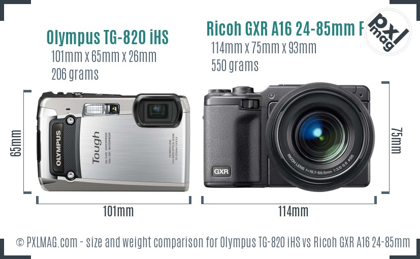 Olympus TG-820 iHS vs Ricoh GXR A16 24-85mm F3.5-5.5 size comparison Olympus TG-820 iHS vs Ricoh GXR A16 24-85mm F3.5-5.5 size comparison