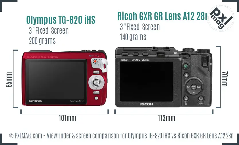 Olympus TG-820 iHS vs Ricoh GXR GR Lens A12 28mm F2.5 Screen and Viewfinder comparison