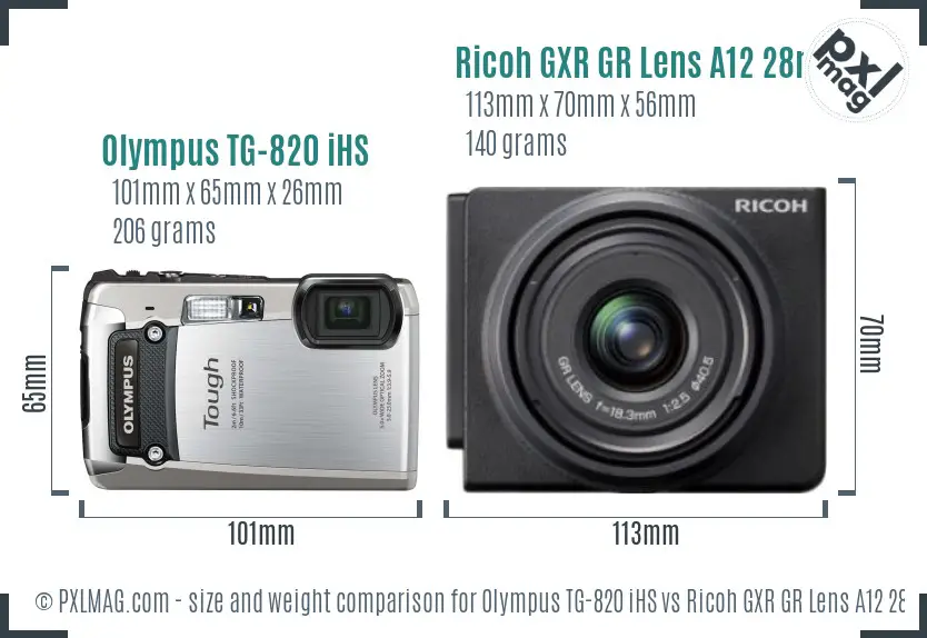 Olympus TG-820 iHS vs Ricoh GXR GR Lens A12 28mm F2.5 size comparison