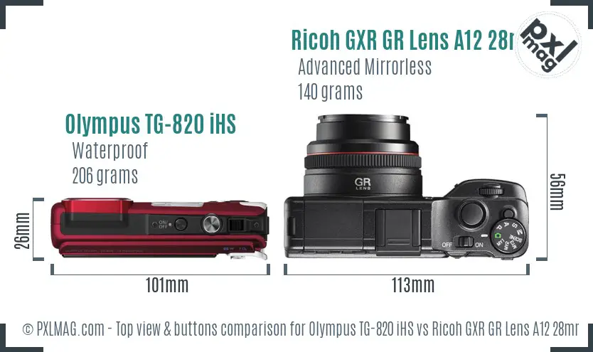 Olympus TG-820 iHS vs Ricoh GXR GR Lens A12 28mm F2.5 top view buttons comparison