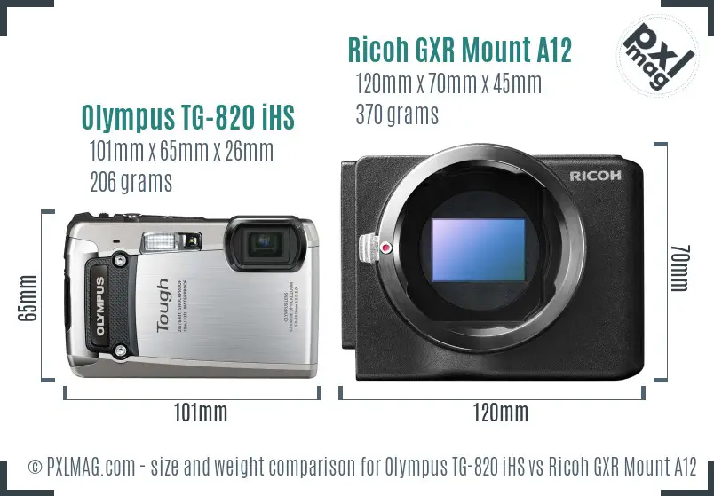 Olympus TG-820 iHS vs Ricoh GXR Mount A12 size comparison