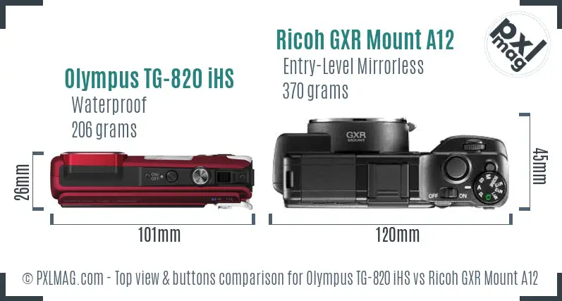 Olympus TG-820 iHS vs Ricoh GXR Mount A12 top view buttons comparison