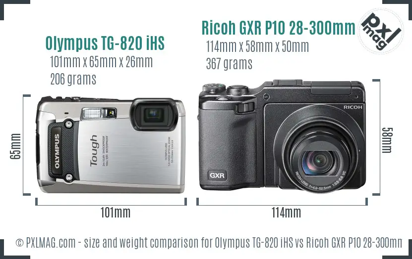 Olympus TG-820 iHS vs Ricoh GXR P10 28-300mm F3.5-5.6 VC size comparison