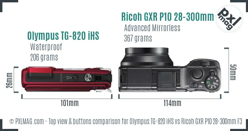 Olympus TG-820 iHS vs Ricoh GXR P10 28-300mm F3.5-5.6 VC top view buttons comparison