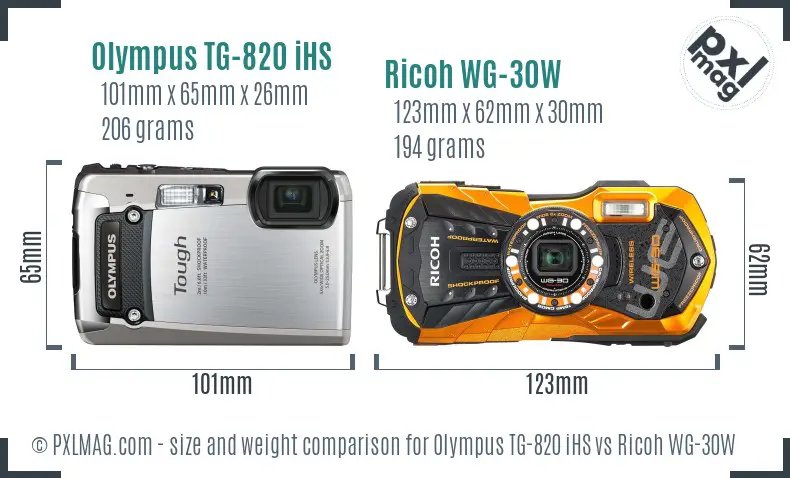 Olympus TG-820 iHS vs Ricoh WG-30W size comparison
