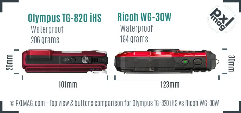Olympus TG-820 iHS vs Ricoh WG-30W top view buttons comparison