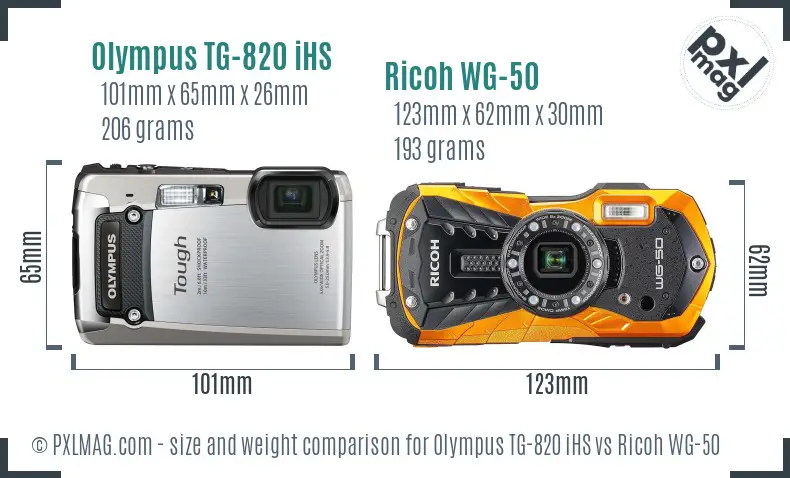 Olympus TG-820 iHS vs Ricoh WG-50 size comparison