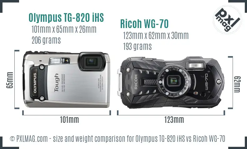 Olympus TG-820 iHS vs Ricoh WG-70 size comparison