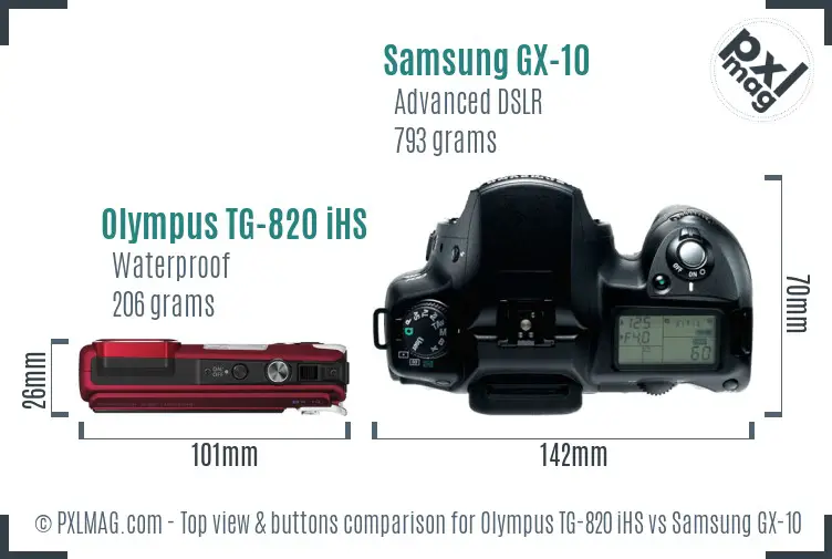 Olympus TG-820 iHS vs Samsung GX-10 top view buttons comparison