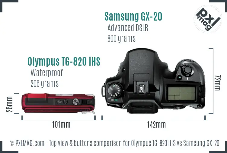 Olympus TG-820 iHS vs Samsung GX-20 top view buttons comparison Olympus TG-820 iHS vs Samsung GX-20 top view buttons comparison