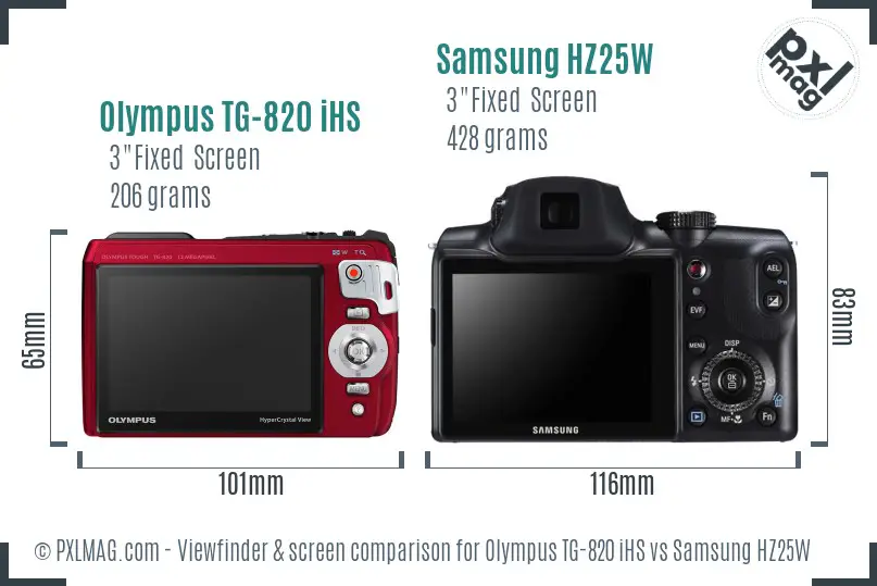 Olympus TG-820 iHS vs Samsung HZ25W Screen and Viewfinder comparison