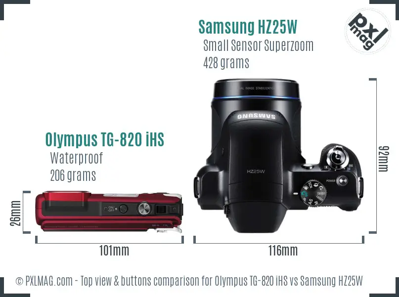 Olympus TG-820 iHS vs Samsung HZ25W top view buttons comparison
