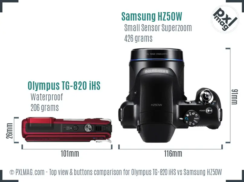 Olympus TG-820 iHS vs Samsung HZ50W top view buttons comparison