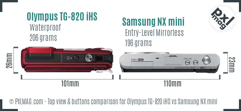 Olympus TG-820 iHS vs Samsung NX mini top view buttons comparison Olympus TG-820 iHS vs Samsung NX mini top view buttons comparison