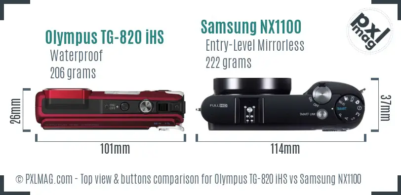 Olympus TG-820 iHS vs Samsung NX1100 top view buttons comparison