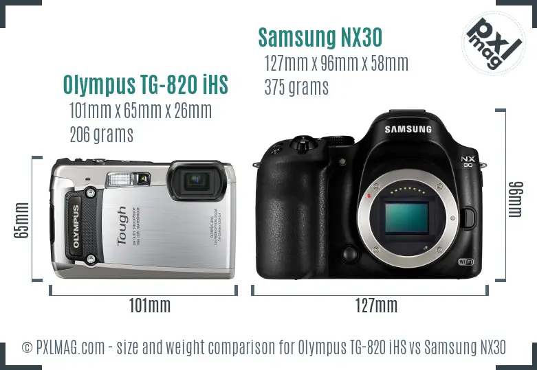 Olympus TG-820 iHS vs Samsung NX30 size comparison