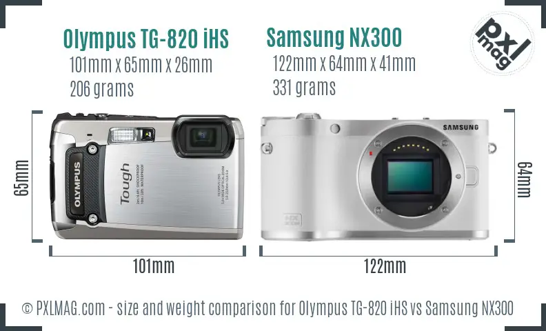 Olympus TG-820 iHS vs Samsung NX300 size comparison