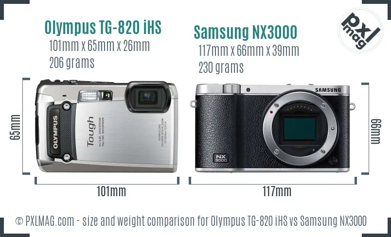 Olympus TG-820 iHS vs Samsung NX3000 size comparison