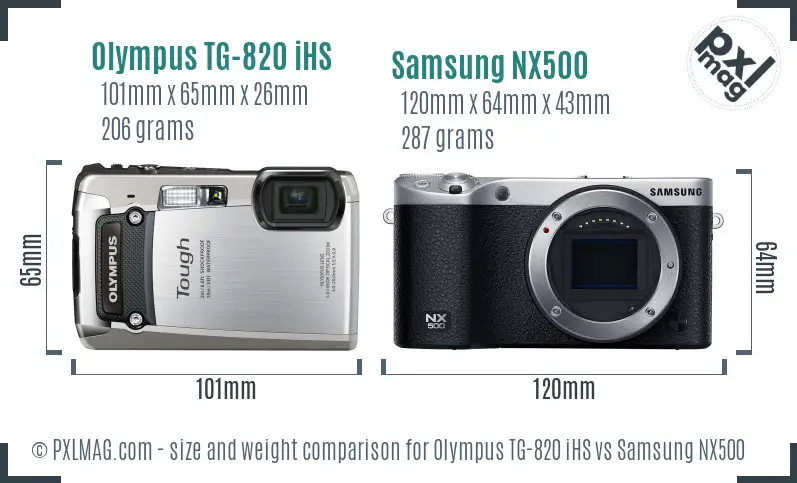 Olympus TG-820 iHS vs Samsung NX500 size comparison