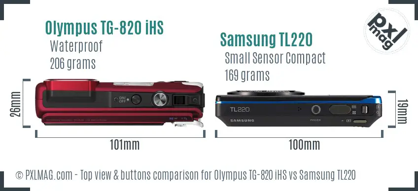 Olympus TG-820 iHS vs Samsung TL220 top view buttons comparison Olympus TG-820 iHS vs Samsung TL220 top view buttons comparison