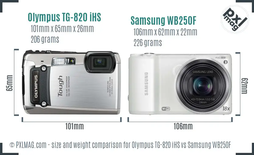 Olympus TG-820 iHS vs Samsung WB250F size comparison