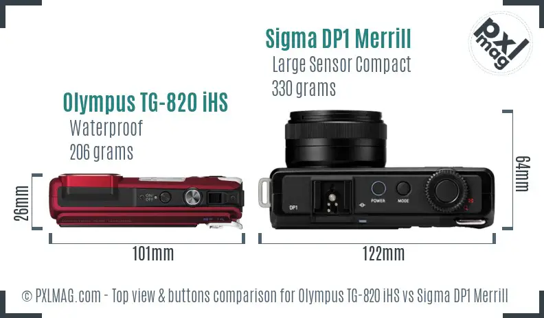 Olympus TG-820 iHS vs Sigma DP1 Merrill top view buttons comparison Olympus TG-820 iHS vs Sigma DP1 Merrill top view buttons comparison
