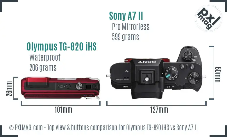 Olympus TG-820 iHS vs Sony A7 II top view buttons comparison