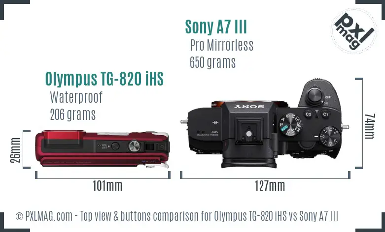 Olympus TG-820 iHS vs Sony A7 III top view buttons comparison