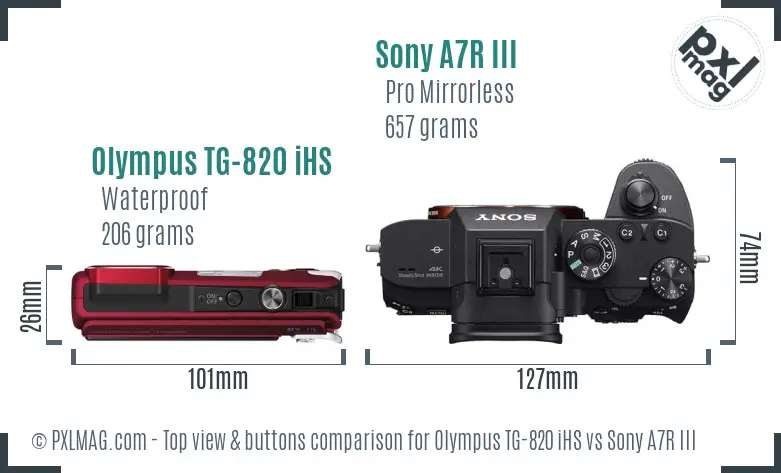 Olympus TG-820 iHS vs Sony A7R III top view buttons comparison