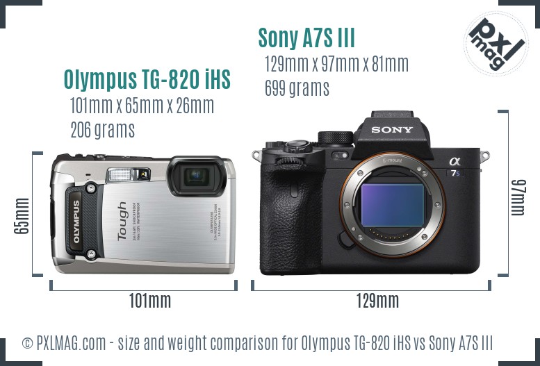 Olympus TG-820 iHS vs Sony A7S III size comparison