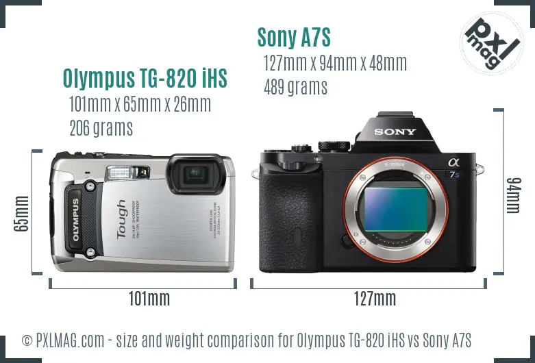Olympus TG-820 iHS vs Sony A7S size comparison