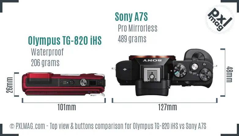 Olympus TG-820 iHS vs Sony A7S top view buttons comparison Olympus TG-820 iHS vs Sony A7S top view buttons comparison