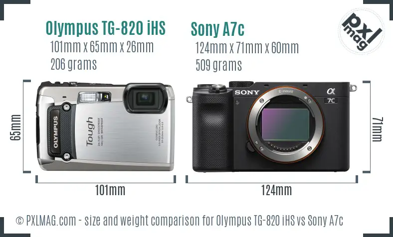 Olympus TG-820 iHS vs Sony A7c size comparison