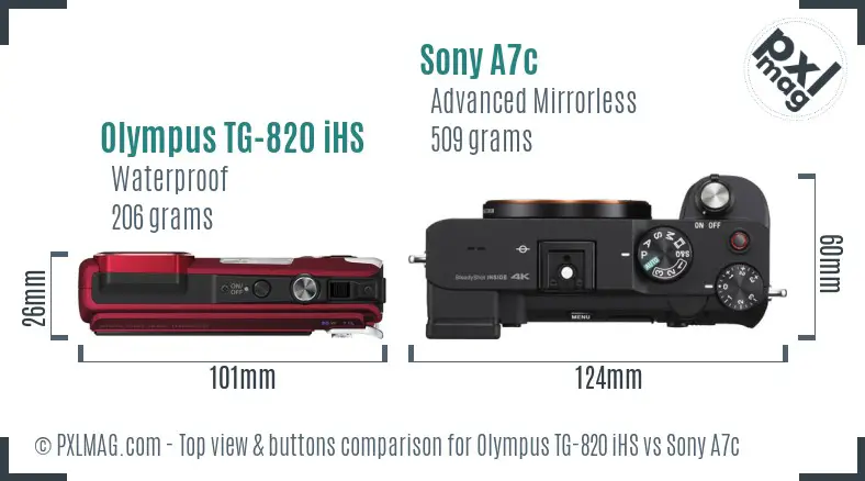 Olympus TG-820 iHS vs Sony A7c top view buttons comparison