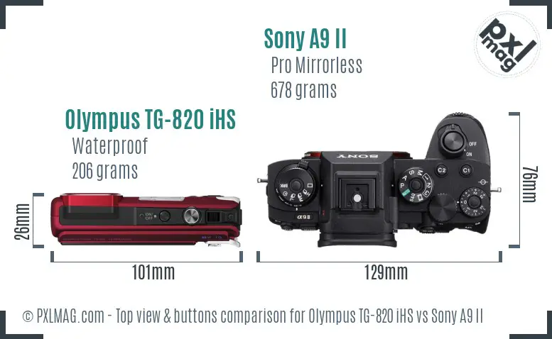 Olympus TG-820 iHS vs Sony A9 II top view buttons comparison