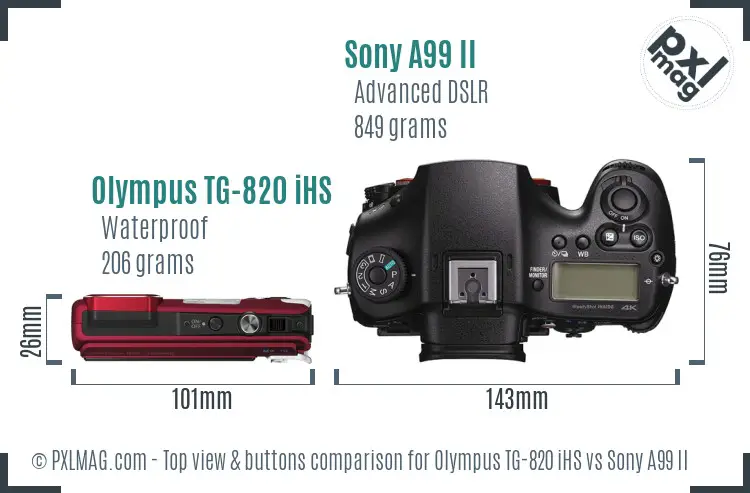 Olympus TG-820 iHS vs Sony A99 II top view buttons comparison