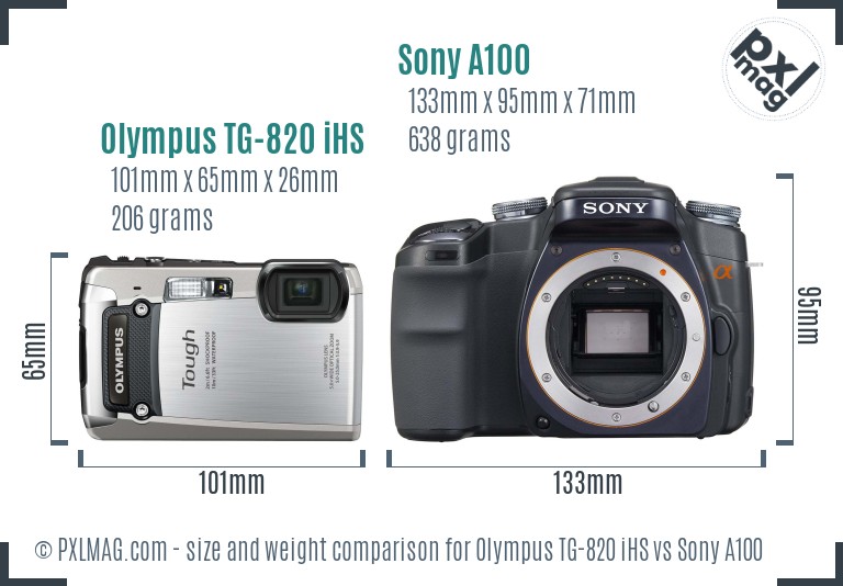 Olympus TG-820 iHS vs Sony A100 size comparison