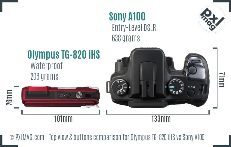 Olympus TG-820 iHS vs Sony A100 top view buttons comparison