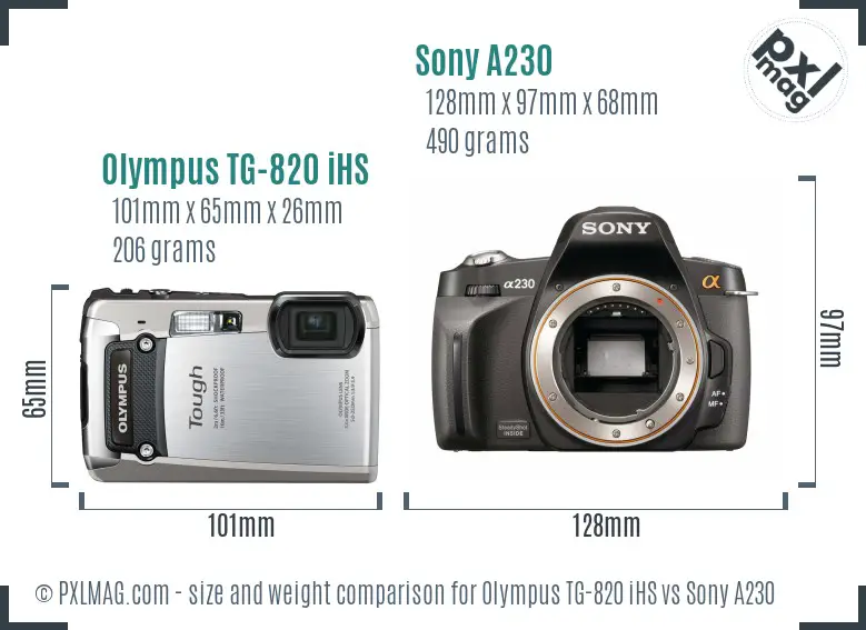 Olympus TG-820 iHS vs Sony A230 size comparison