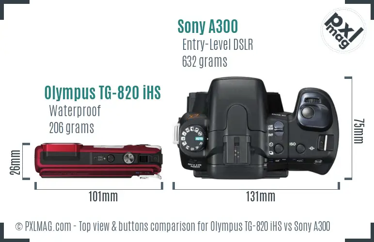Olympus TG-820 iHS vs Sony A300 top view buttons comparison