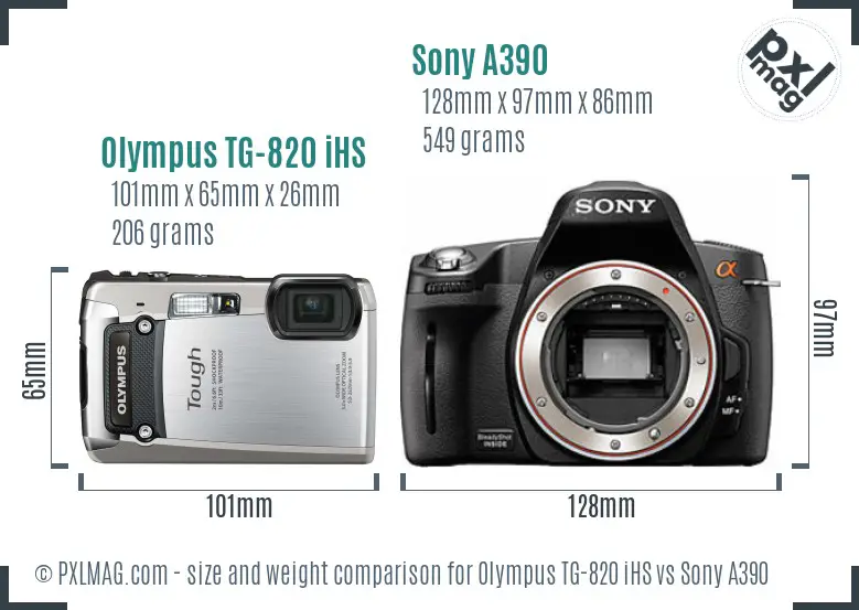 Olympus TG-820 iHS vs Sony A390 size comparison