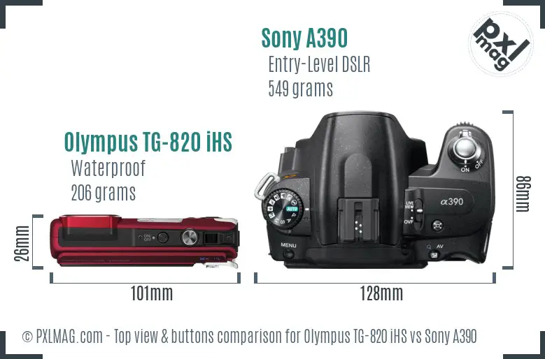 Olympus TG-820 iHS vs Sony A390 top view buttons comparison